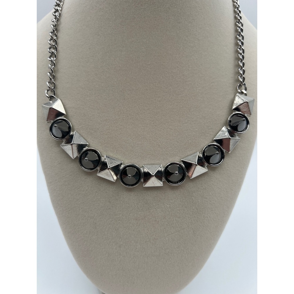 Punch Silver Tone Pyramid Stud Smoky Grey Crystal Geometric Collar Necklace